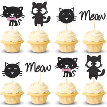 Imagem de Arthsdite 24 peças topo de cupcake gato e miau gatinho gato cupcake palitos de comida amante gato gatinho tema chá de bebê crianças aniversário festa de casamento suprimentos de decoração de bolo - preto glitter
