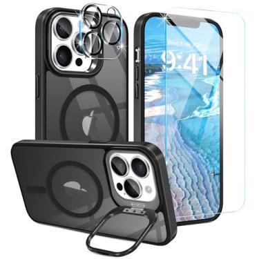 Imagem de Casewind Capa para iPhone 13 Pro Max preta translúcida fosca | Magnético, com suporte para câmera escondida, protetor de tela, protetor de lente de câmera, compatível com MagSafe, fina