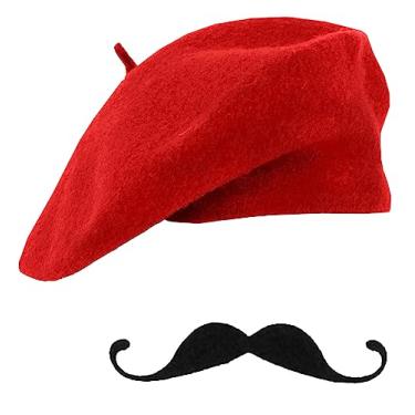 Imagem de IZUS Chapéu de boina francesa adulto e bigode Mime Artista Chapéus de festa aniversário fantasia fantasia cosplay bonés Halloween, Vermelho, 1 peça, Fit for Medium