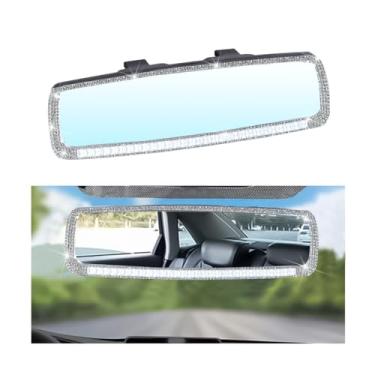 Imagem de BLAU GRUN Espelho retrovisor automotivo de strass de cristal com vidro HD, universal para a maioria dos carros, trailers, caminhões, acessórios internos de veículos para mulheres e meninas (branco)