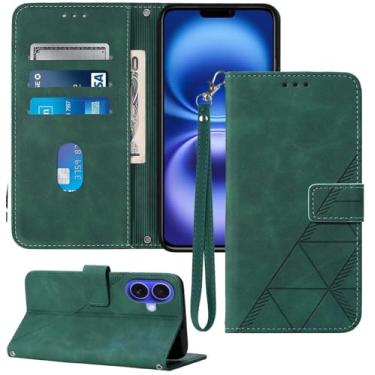 Imagem de Moment Dextrad Capa carteira para iPhone 16, compartimento para cartão, alça de pulso, proteção interna de TPU, capa flip de couro PU para iPhone 16 (2024) (verde)