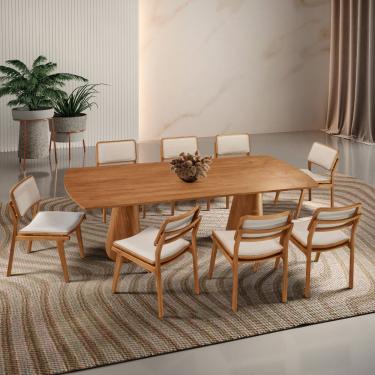 Imagem de Sala de Jantar Mesa Noronha 220cm Madeira Tampo Barril Laminado com 8 cadeiras Eva - Linho Off / Imbuia Nat.