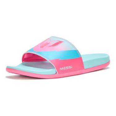 Imagem de adidas Sandália unissex Adilette Comfort Messi Slide, Flash Aqua/Rosa lúcido/Ciano lúcido, 18 Women/17 Men