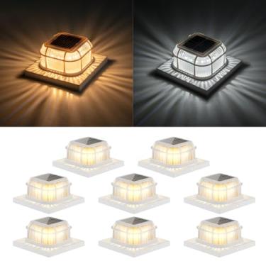 Imagem de TopVelo Poste de luz solar 8 pacotes com base de 10 x 12 cm, 12 x 15 cm e 15 x 15 cm para postes de vinil/madeira, luminosas 16 LEDs com dois modos de luz para decorar deck, pátio, varanda, cerca
