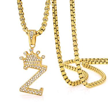 Imagem de Colar com pingente de letra inicial brilhante ROWIN&CO masculino e feminino de A a Z com nome do alfabeto coroado, joia personalizada com diamante falso banhado a ouro 18 K, com corrente de caixa de 61 cm