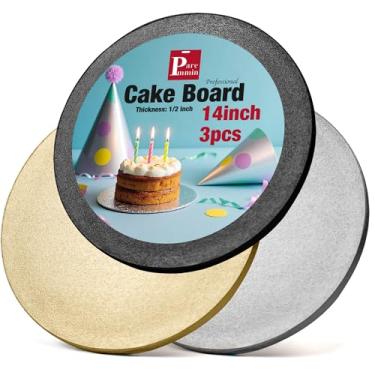 Imagem de Paremmin 3 tábuas de bolo redondas de várias cores de 35,5 cm, prata, ouro, preto, 1,27 cm de espessura, tambores de bolo resistentes com bordas retas lisas, à prova d'água e à prova de óleo