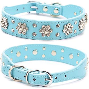 Imagem de Pimaodog Coleira para cachorro com strass, linda flor com strass coleira para cachorro colar de couro PU tamanhos ajustáveis pequeno médio grande (P: 21-27 cm, azul)