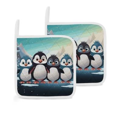 Imagem de Porta-panelas de cozinha com cinco pinguins fofos estampados para pegador de panela conjunto para cozinhar e assar com laços para pendurar, lavável na máquina, pacote com 2