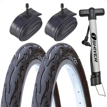 Imagem de Par Pneu Bicicleta Kenda Flame Aro 26 x 2.125 Balão + Par camara Shiver + bombinha de ar Montadinha