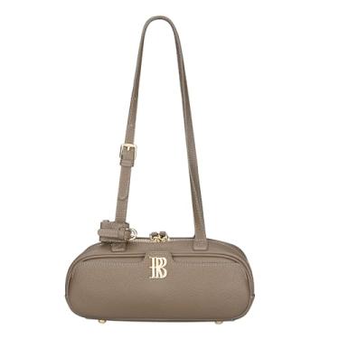 Imagem de ROYAL BAGGER Bolsa feminina de couro bovino + microfibra, bolsa cilíndrica elegante com alça ajustável 3249, Caqui