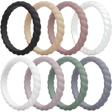 Imagem de ThunderFit Alianças de casamento de silicone trançadas finas para mulheres, anéis de noivado de borracha de 3,5 mm de largura e 2 mm de espessura - 1/4/8/10/12/16 pacote variado, 7.5 - 8 (18.2mm