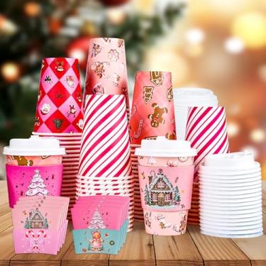 Imagem de Houuqe Pacote com 100 xícaras de café de Natal de 340 g com tampas e mangas, copos de café descartáveis de Natal para viagem, copos de café de Natal quentes de cacau para suprimentos de festa de