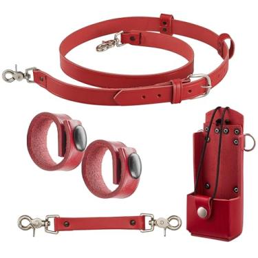 Imagem de Pacote Shield Wallets de bombeiro com arnês de rádio universal e suporte para modelos como HT750/1250, alça anti-balanço, cinto/alça de couro vermelho, 2 suportes de cabo, arnês de rádio de couro
