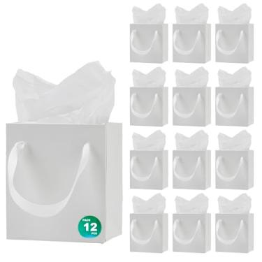 Imagem de Aosric Pacote com 12 sacos de presente brancos de 10 x 7 x 11 cm com papel de seda - pequenos sacos de presente resistentes e reutilizáveis com alças de fita para joias, perfume, lembrancinhas de