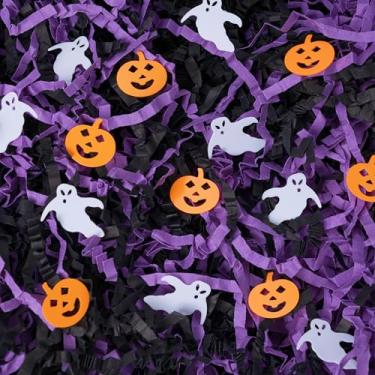 Imagem de SWANGSA 1,1 kg de enchimento de papel cortado enrugado de Halloween, enchimento de papel desfiado preto roxo para doces ou travessuras, caixa de cesta de presente, embalagem de festa de aniversário
