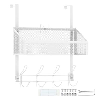 Imagem de UKQRRTC Organizador de ganchos acima da porta com 8 ganchos e cesta de malha impermeável sobre a porta toalheiro de metal sobre a porta cabide para quarto, banheiro (camada única branca)