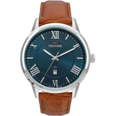 Imagem de Relógio Masculino Technos Prateado Grande Clássico Couro Marrom Analóg