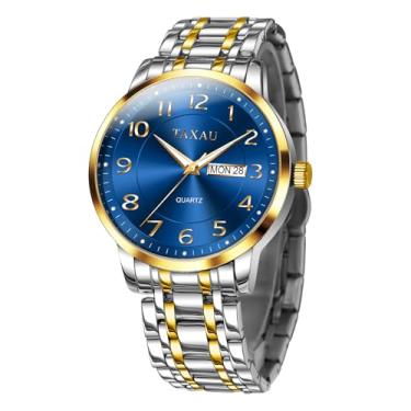 Imagem de Taxau Relógios masculinos de aço inoxidável, à prova d'água, dois tons, luxuoso, casual, prata, quartzo, analógico, negócios, mostrador grande, vestido clássico, relógios masculinos com data, Pulseira
