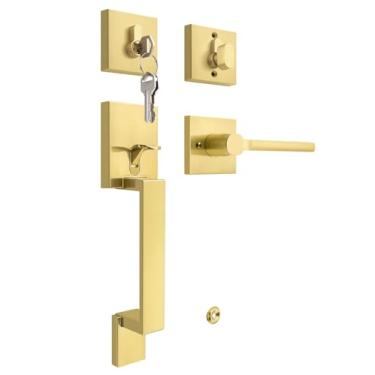 Imagem de Tinewa Maçaneta dourada San Clemente com fechadura de cilindro único, conjunto de fechadura de porta de entrada atualizada, espaço de orifício ajustável, liga de zinco e alavanca reversível, 1 pacote