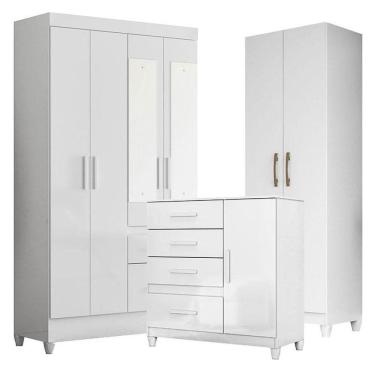 Imagem de Guarda Roupa Com Espelho Infantil Madri Com Cômoda Vênus Com Pés E Armário Multiuso New íris Branco Brilho - Moval