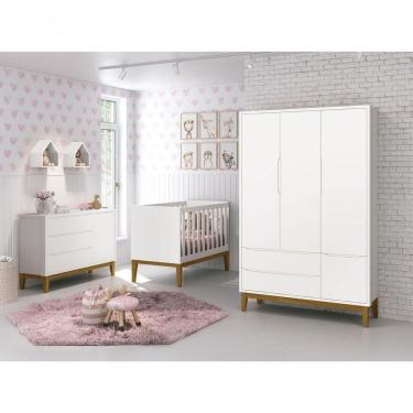 Imagem de Jogo De Quarto Para Bebê Completo 3 Portas Classic New Branco Fosco Com Madeira - Moveisaqui
