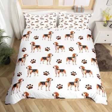 Imagem de Jogo de cama Beagle com estampa de patinha de cachorro, branco, marrom, 2 peças, solteiro, sem edredom