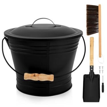 Imagem de Balde de cinzas de 1,5 galão com tampa e vassoura de metal, balde de cinzas de lareira, conjunto completo de ferramentas de lareira para churrasqueira preta (conjunto de 3 peças)