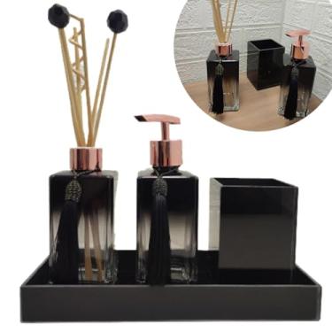 Imagem de Kit Lavabo Luxo Vidro Preto Degradê 4 Peças Conjunto Decorativo Dispenser, Aromatizador, Porta Escova Pinceis e Bandeja Decotariva Detalhes Prata Dourado ou Rosê Gold (PRETO E ROSÊ GOLD)