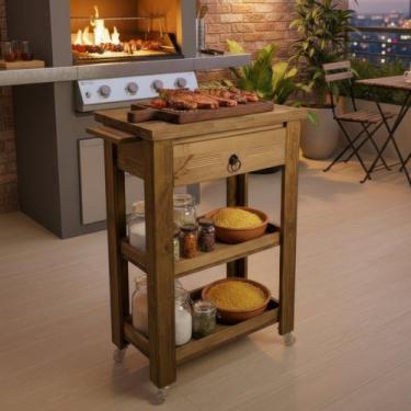 Imagem de Carrinho França Mesa de Apoio Rústico Gaveta e 2 Prateleiras Carvalho 