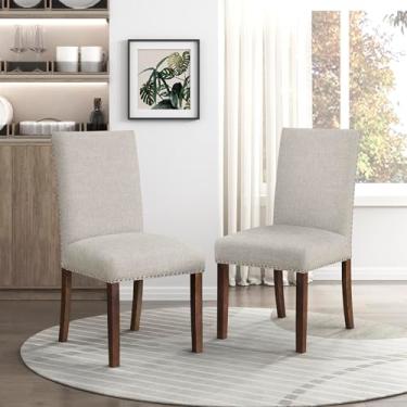 Imagem de Lexicon Conjunto de 2 cadeiras de jantar estofadas de tecido durável e sem braços, cadeiras modernas para sala de jantar para 2, laterais com acabamento em pregos, moldura de madeira resistente marrom