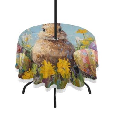 Imagem de CEBUGI Toalha de mesa redonda para ambientes externos, coelhinho da Páscoa, impermeável, com furo Umberlla, capa de mesa lavável para pátio, cozinha, sala de jantar, 152 cm