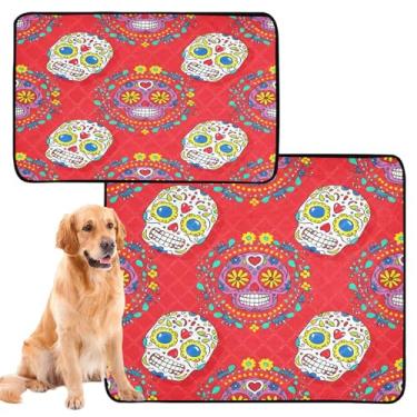 Imagem de CEBUGI Almofadas de xixi laváveis para cães, pacote com 2, almofadas impermeáveis para filhotes de cachorro, antiderrapantes, à prova de vazamento, para cama de cercadinho, caveiras coloridas de