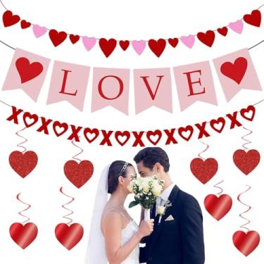Imagem de LOVE Decorações Conjunto de banner de festa, Dia dos Namorados romântico casamento aniversário decoração de festa de noivado, redemoinhos de pendurar guirlanda de coração vermelho, xOXO Streamer Heart