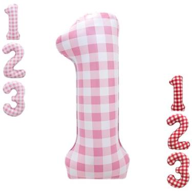 Imagem de Balão guingão rosa número 1 de 101 cm | Balão quadriculado grande para bebês meninas, decorações de festa de 1º aniversário, rosa, 1 balão