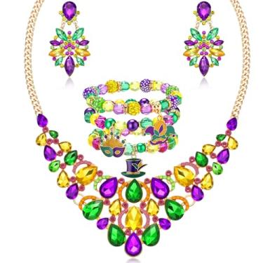 Imagem de Shyyween 5 peças Mardi Gras Colar Pulseira Brincos Conjunto de Joias Presente Mardi Gras Mulheres Contas de Strass Roxo Verde Ouro, Liga e plástico, Liga metálica.