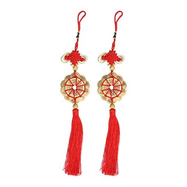 Imagem de Feng Shui Decoração Latão Nó Chinês Moeda da Fortuna Amuleto da Sorte para Riqueza Sucesso Home Office Decorações de Carro Latão Vermelho Poliéster 36cm 2pcs
