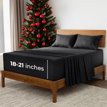 Imagem de Mellanni Lençóis de casal extra profundos – Roupa de cama icônica coleção de 4 peças – Hotel luxuoso, ultramacio, lençóis refrescantes – resistente a rugas, desbotamento, manchas (completo, preto)