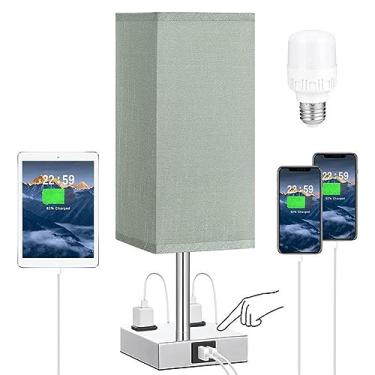 Imagem de Lâmpada de Mesa Cabeceira Tecido com LED Branco Quente Controle 3 Níveis Dimmable Portas Carregamento USB A e Tipo-C 2 Tomadas Energia Luz para Sala E