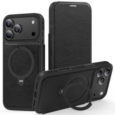 Imagem de Genérico Capa de couro com tampa de estilo empresarial para iPhone 17/17 Air/17 Pro/17 Pro MAX, suporte de anel giratório magnético e capa protetora à prova de impactos (Black, 17 Air)