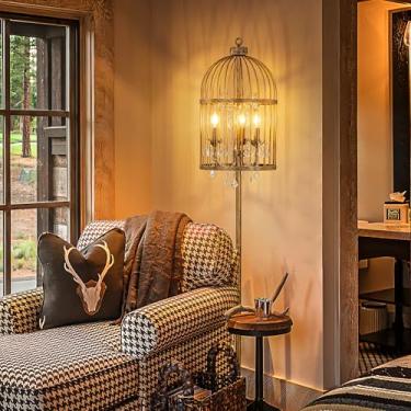 Imagem de Wellmet Luminária de chão de bronze para sala de estar, lâmpadas de chão de fazenda para quarto, gaiola de pássaro vintage, lâmpada de pé de arte de ferro exclusiva para decoração de canto