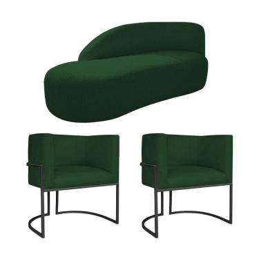 Imagem de Kit Divã Luna 160cm Lado Esquerdo E 02 Poltronas Base De Ferro Preto Suede Verde