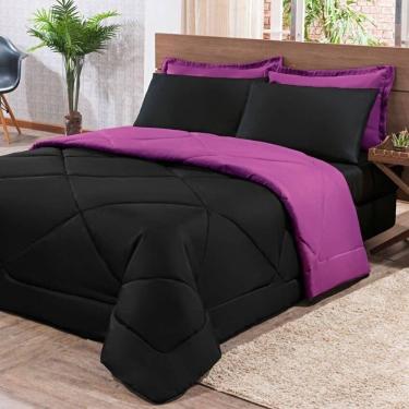 Imagem de Kit Edredom + Jogo De Lençol Aconchego Look House Dupla Face Casal Queen 06 Peças - Preto- Roxo