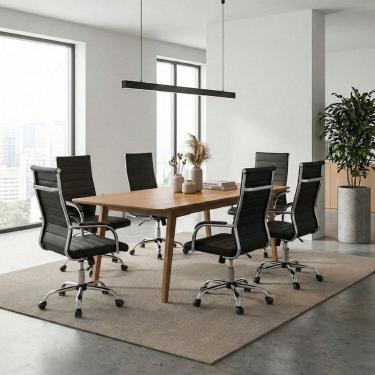 Imagem de Conjunto Mesa de Reunião Retangular e 6 Cadeiras de Escritório com Rodízio Florença Espresso Móveis Cinamomo / Preto