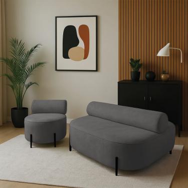 Imagem de Sofá Sala Ilha Orgânico e 1 Poltrona 125cm Éden Pé Aço Preto Bouclê Grafite E03 - D'Rossi