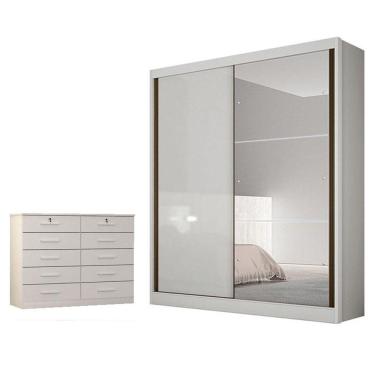 Imagem de Guarda Roupa Solteiro Dante Com Nicho E Espelho E Gaveteiro Milão Com Chave Neve - Novo Horizonte