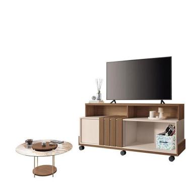 Imagem de Rack Bancada Graci 1.3 Com Mesa De Centro Sky Com Tampo De Vidro Castanho Off White – Hb Móveis