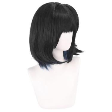 Imagem de Peruca de cosplay de anime, cabelo preto curto com pontas azuis, 35 cm