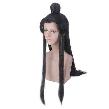 Imagem de Peruca de cosplay preta longa reta com coque sintético de 80 cm - yiwe