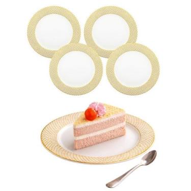 Imagem de Kit 4 Prato Raso De Porcelana Branco Com Borda Dourada 20cm - Haüskraf