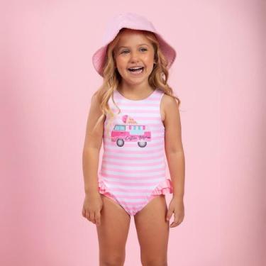 Imagem de Maiô Infantil Regata Listrado Rosa com Babados e Proteção UV 50+ - Man